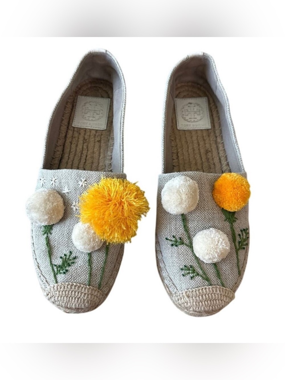 Tory Burch Lily Platform Espadrilles Floral Pom Jute Slip On 8